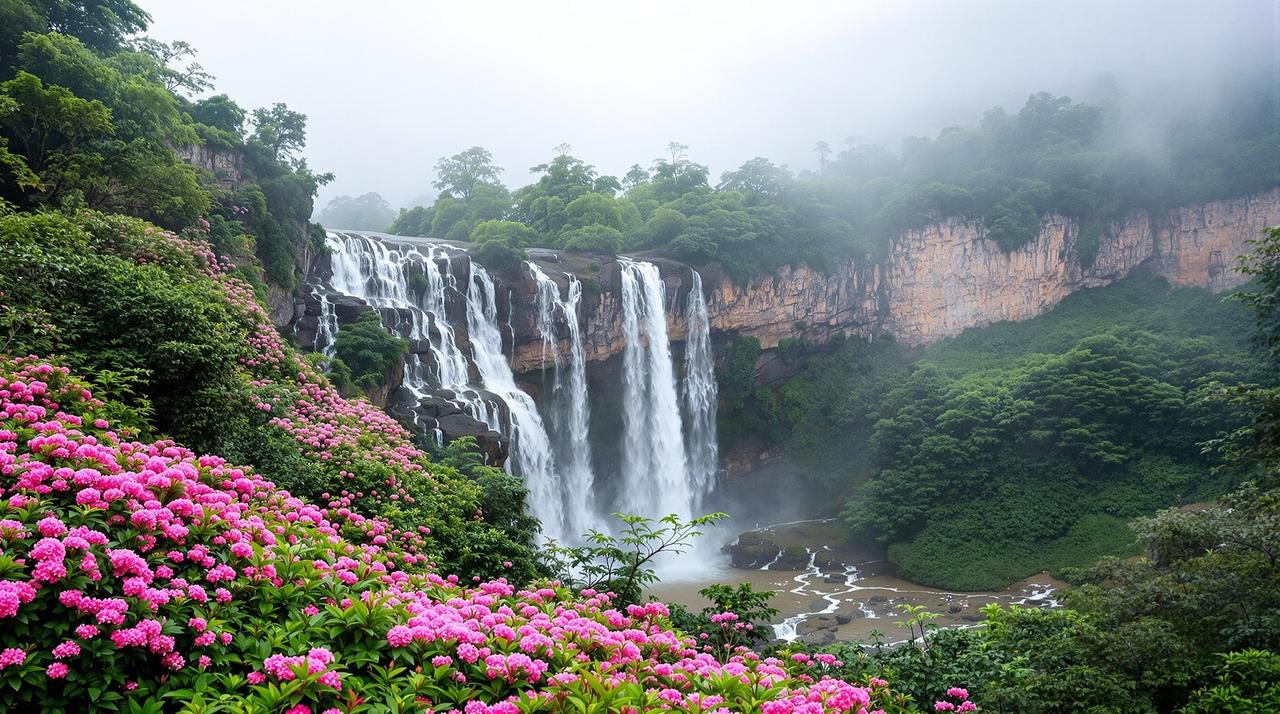 精彩视频 - 江西庐山杜鹃花海与瀑布同框
